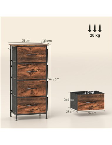 HOMCOM Chest of Four Fabric Drawers - Rustic Brown