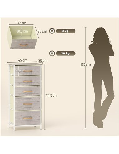 HOMCOM Chest of Five Fabric Drawers - Natural Wood Finish