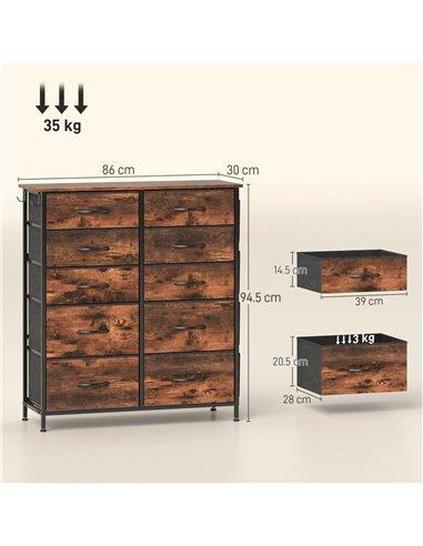 HOMCOM Chest of Ten Fabric Drawers - Rustic Brown
