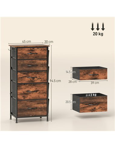 HOMCOM Chest of Five Fabric Drawers - Rustic Brown