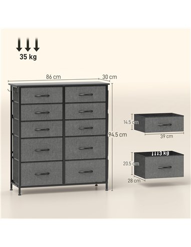HOMCOM Chest of Ten Fabric Drawers - Charcoal Grey