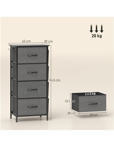 HOMCOM Chest of Four Fabric Drawers - Charcoal Grey
