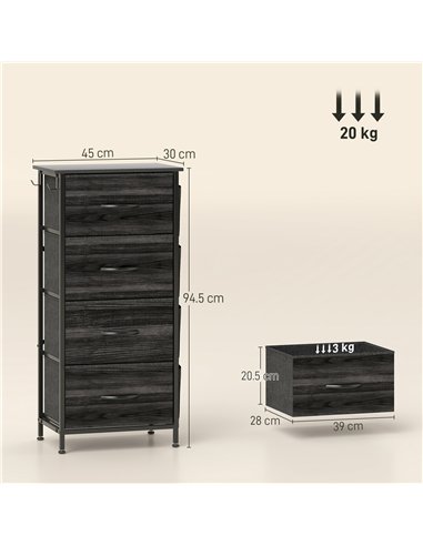 HOMCOM Chest of Four Fabric Drawers - Black