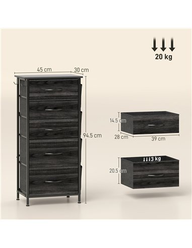 HOMCOM Chest of Five Fabric Drawers - Black