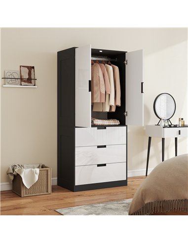 HOMCOM Modern 2 Door Wardrobe with Drawers, Black/White 831-621V01WT