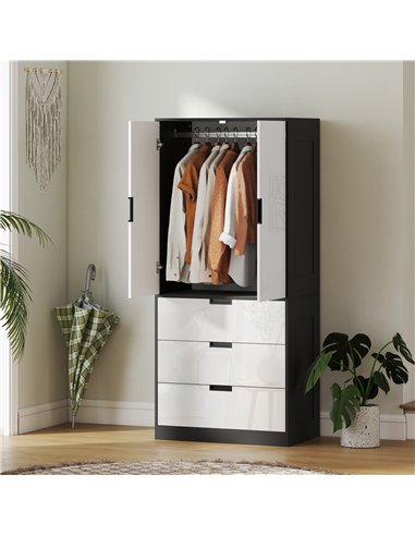 HOMCOM 2 Door Wardrobe, Modern Wardrobe with 3 Drawers and Hanging Rod for Bedroom, High Gloss White