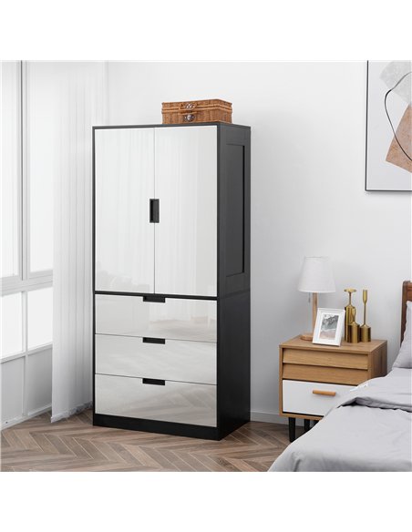 HOMCOM 2 Door Wardrobe, Modern Wardrobe with 3 Drawers and Hanging Rod for Bedroom, High Gloss White - pic 165319 | FastDaddyshop