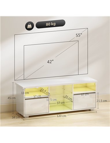 HOMCOM TV Stand Cabinet with LED Lights - High Gloss White