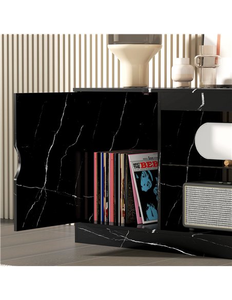 HOMCOM TV Stand Cabinet, Marble Effect TV Unit for up to 55" TVs with Glass Shelf and Storage Cabinet, Entertainment Unit for Li - pic 165365 | FastDaddyshop