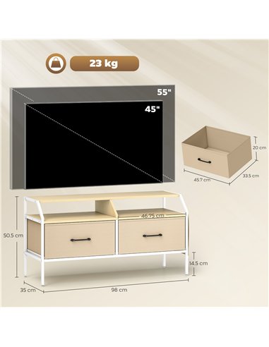 HOMCOM TV Stand Cabinet, TV Unit for 55-inch TVs with 2 Foldable Fabric Drawers, 5 Divided Side Pockets, Open Shelves, Console T