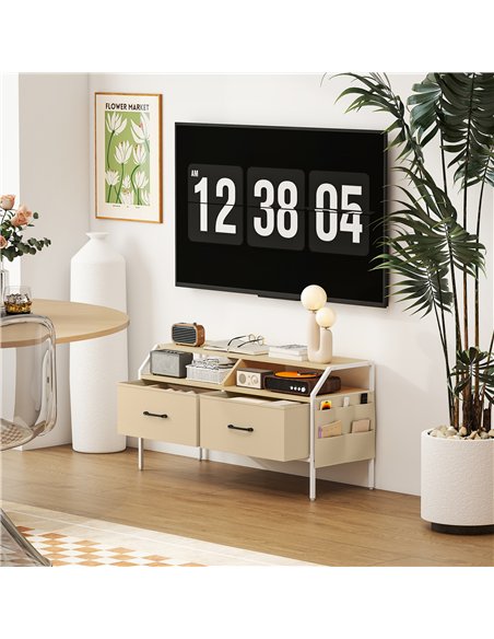 HOMCOM TV Stand Cabinet, TV Unit for 55-inch TVs with 2 Foldable Fabric Drawers, 5 Divided Side Pockets, Open Shelves, Console T - pic 165373 | FastDaddyshop
