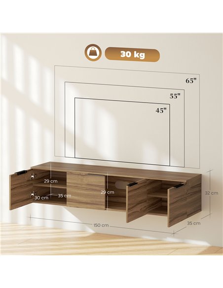HOMCOM Floating TV Unit, 150 cm Wall Mounted TV Stand Cabinet with Shelves and Doors, Entertainment Media Console for Living Roo - pic 165386 | FastDaddyshop
