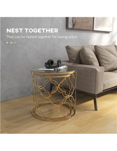 HOMCOM Nesting Tables Set of 2, Modern Stacking Side End Table with Tempered Glass Top, Metal Frame for Living Room Bedroom Offi