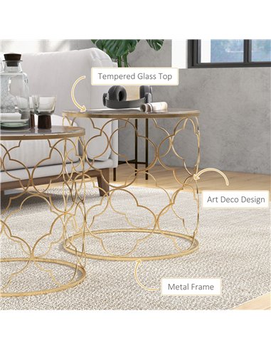 HOMCOM Nesting Tables Set of 2, Modern Stacking Side End Table with Tempered Glass Top, Metal Frame for Living Room Bedroom Offi