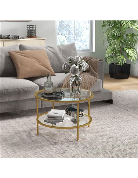 HOMCOM Round Coffee Table with Storage, 2-Tier Tempered Glass Coffee Table with Steel Frame for Living Room, Gold Tone - pic 165457 | FastDaddyshop