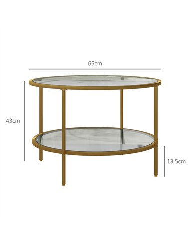 HOMCOM Round Coffee Table with Storage, 2-Tier Tempered Glass Coffee Table with Steel Frame for Living Room, Gold Tone