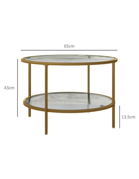 HOMCOM Round Coffee Table with Storage, 2-Tier Tempered Glass Coffee Table with Steel Frame for Living Room, Gold Tone - pic 165458 | FastDaddyshop