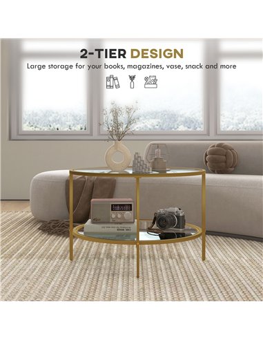 HOMCOM Round Coffee Table with Storage, 2-Tier Tempered Glass Coffee Table with Steel Frame for Living Room, Gold Tone