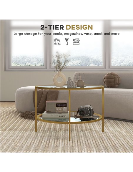 HOMCOM Round Coffee Table with Storage, 2-Tier Tempered Glass Coffee Table with Steel Frame for Living Room, Gold Tone - pic 165459 | FastDaddyshop