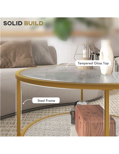 HOMCOM Round Coffee Table with Storage, 2-Tier Tempered Glass Coffee Table with Steel Frame for Living Room, Gold Tone
