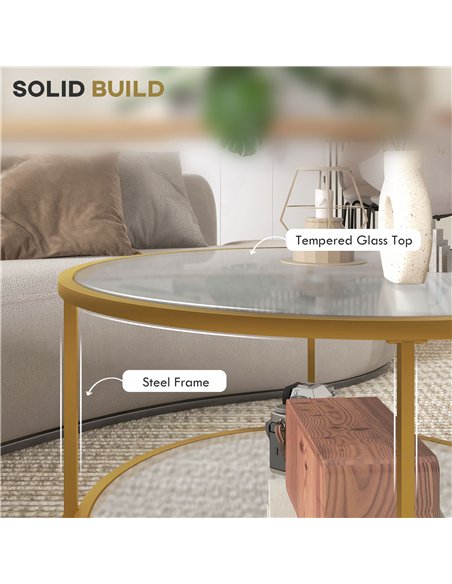 HOMCOM Round Coffee Table with Storage, 2-Tier Tempered Glass Coffee Table with Steel Frame for Living Room, Gold Tone - pic 165460 | FastDaddyshop