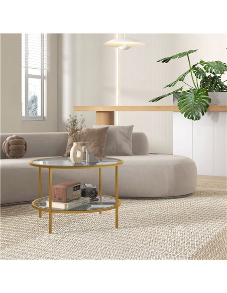 HOMCOM Round Coffee Table with Storage, 2-Tier Tempered Glass Coffee Table with Steel Frame for Living Room, Gold Tone - pic 165462 | FastDaddyshop