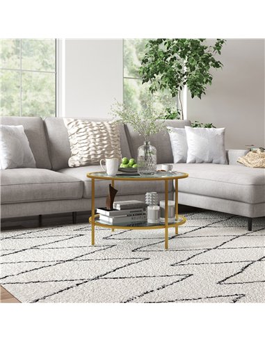HOMCOM Round Coffee Table with Storage, 2-Tier Tempered Glass Coffee Table with Steel Frame for Living Room, Gold Tone