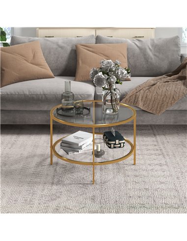 HOMCOM Round Coffee Table with Storage, 2-Tier Tempered Glass Coffee Table with Steel Frame for Living Room, Gold Tone