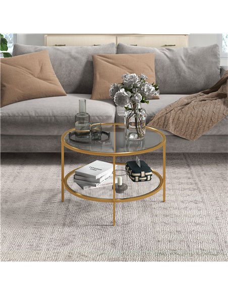 HOMCOM Round Coffee Table with Storage, 2-Tier Tempered Glass Coffee Table with Steel Frame for Living Room, Gold Tone - pic 165464 | FastDaddyshop