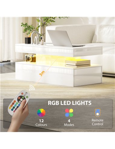 HOMCOM LED Coffee Table with Storage - High Gloss White