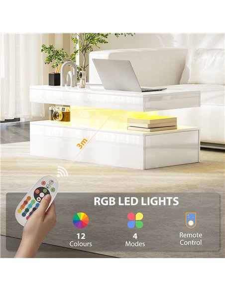 HOMCOM LED Coffee Table with Storage - High Gloss White - pic 165468 | FastDaddyshop