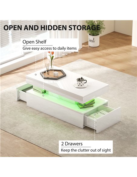 HOMCOM LED Coffee Table with Storage - High Gloss White - pic 165469 | FastDaddyshop