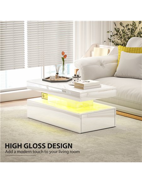 HOMCOM LED Coffee Table with Storage - High Gloss White - pic 165470 | FastDaddyshop