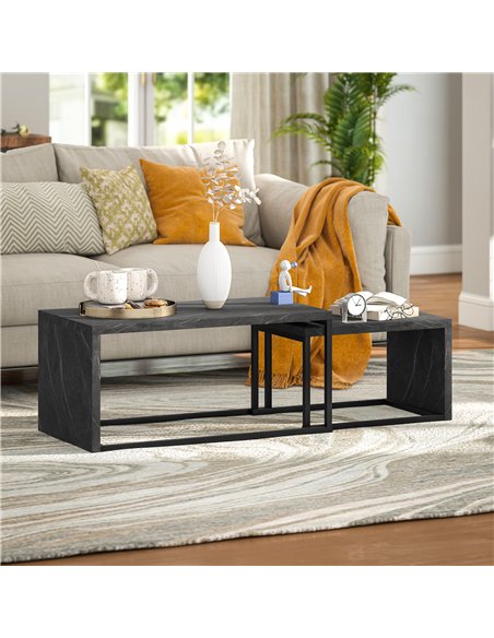 HOMCOM Coffee Tables Set of 2, Industrial Nest of Tables with Metal Frame for Living Room Bedroom, Dark Grey Marble Effect - pic 165475 | FastDaddyshop