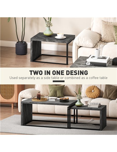 HOMCOM Coffee Tables Set of 2, Industrial Nest of Tables with Metal Frame for Living Room Bedroom, Dark Grey Marble Effect - pic 165479 | FastDaddyshop