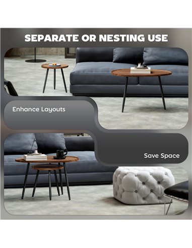HOMCOM Nesting Coffee Table Set of 2, 80cm Modern Stacking End Side Table with Metal Legs for Living Room Bedroom Office, Chestn