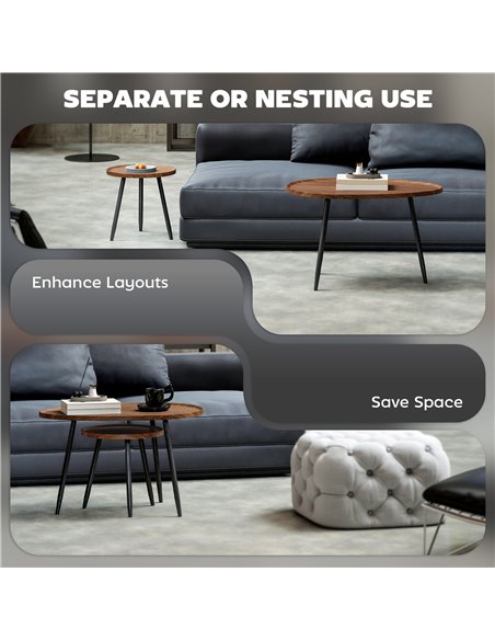 HOMCOM Nesting Coffee Table Set of 2, 80cm Modern Stacking End Side Table with Metal Legs for Living Room Bedroom Office, Chestn - pic 165495 | FastDaddyshop