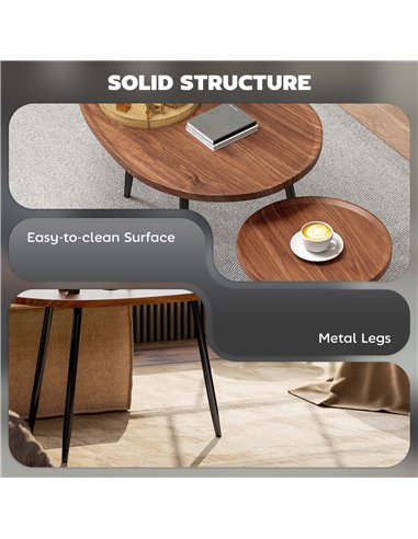 HOMCOM Nesting Coffee Table Set of 2, 80cm Modern Stacking End Side Table with Metal Legs for Living Room Bedroom Office, Chestn
