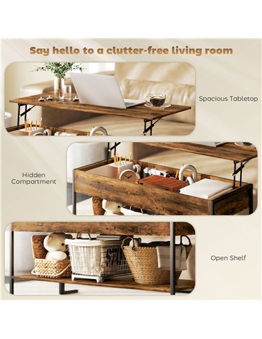 HOMCOM Lift-Top Coffee Table, with Storage - Rustic Brown