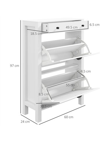 HOMCOM Narrow Shoe Cabinet with 2 Flip Drawers and Adjustable Shelves, White