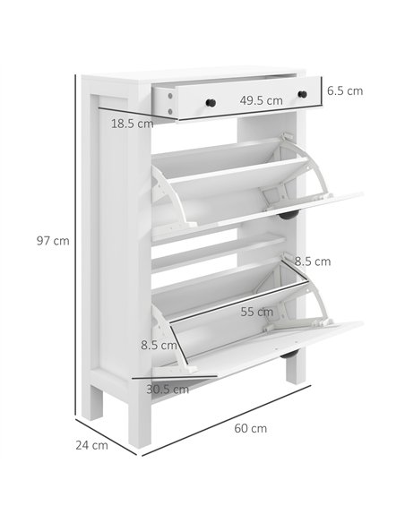 HOMCOM Narrow Shoe Cabinet with 2 Flip Drawers and Adjustable Shelves, White - pic 165530 | FastDaddyshop