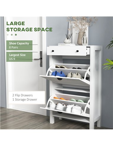 HOMCOM Narrow Shoe Cabinet with 2 Flip Drawers and Adjustable Shelves, White