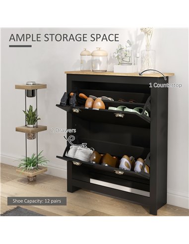 HOMCOM 2 Drawer Shoe Cabinet Modern Narrow Shoe Cupboard Hallway Wooden Storage Organiser with Flip Doors Adjustable Shelf for 6