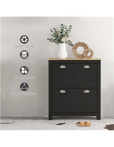 HOMCOM 2 Drawer Shoe Cabinet Modern Narrow Shoe Cupboard Hallway Wooden Storage Organiser with Flip Doors Adjustable Shelf for 6