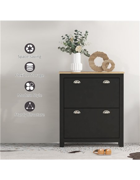 HOMCOM 2 Drawer Shoe Cabinet Modern Narrow Shoe Cupboard Hallway Wooden Storage Organiser with Flip Doors Adjustable Shelf for 6 - pic 165552 | FastDaddyshop