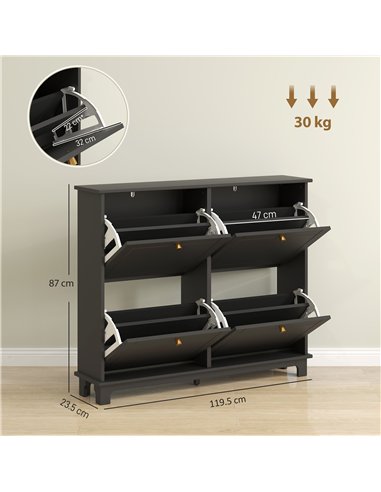 HOMCOM Narrow Shoe Storage Cabinet, Slim Shoe Cabinet with 4 Flip Drawers, Adjustable Shelves for 16 Pairs of Shoes, Black