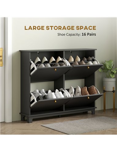 HOMCOM Narrow Shoe Storage Cabinet, Slim Shoe Cabinet with 4 Flip Drawers, Adjustable Shelves for 16 Pairs of Shoes, Black