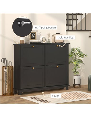 HOMCOM Narrow Shoe Storage Cabinet, Slim Shoe Cabinet with 4 Flip Drawers, Adjustable Shelves for 16 Pairs of Shoes, Black