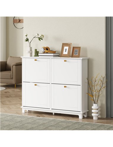 HOMCOM Narrow Shoe Storage Cabinet, Slim Shoe Cabinet with 4 Flip Drawers, Adjustable Shelves for 16 Pairs of Shoes, White