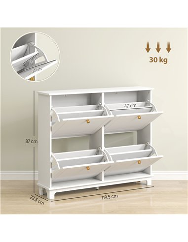 HOMCOM Narrow Shoe Storage Cabinet, Slim Shoe Cabinet with 4 Flip Drawers, Adjustable Shelves for 16 Pairs of Shoes, White